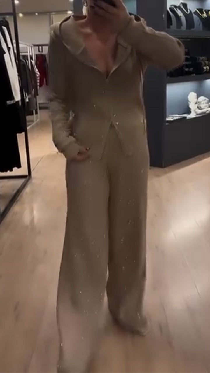 Completo casual da donna con paillettes, scollo rotondo, cappuccio, cerniera e pantaloni