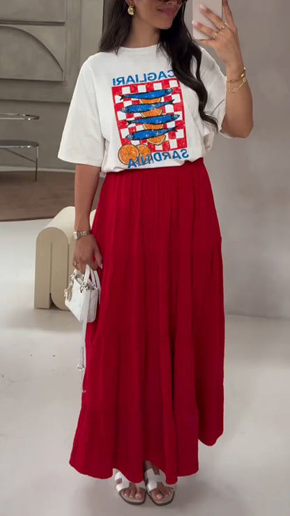 Ladies Round Neck Printed Top+ Skirt Casual Set - MYSTERYBOXS