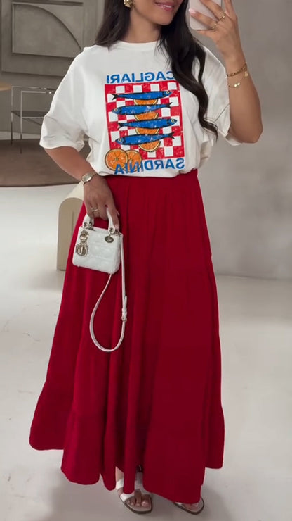 Ladies Round Neck Printed Top+ Skirt Casual Set - MYSTERYBOXS