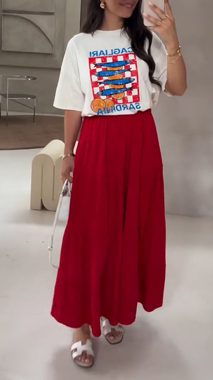 Ladies Round Neck Printed Top+ Skirt Casual Set - MYSTERYBOXS