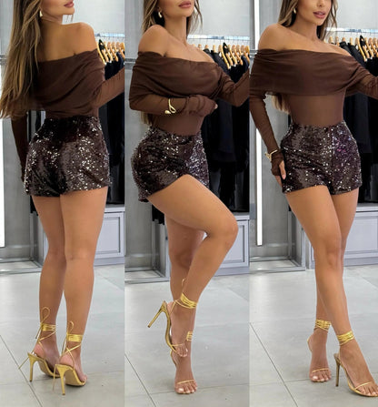 Ladies One Collar Top+ Sequined Pants Temperament and Leisure Suit - MYSTERYBOXS