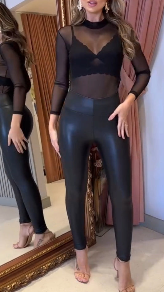 Ladies Round Neck Transparent Jumpsuit+ Leather Pants Casual Suit