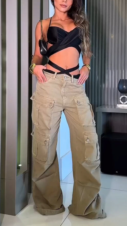 Ladies Suspender Hollow Strap Top+ Multi Pocket Patchwork Pants Sexy Temperament Set - MYSTERYBOXS