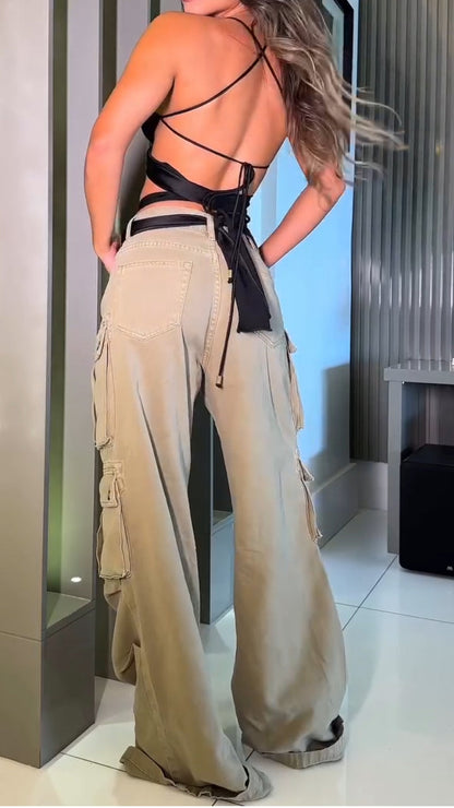 Ladies Suspender Hollow Strap Top+ Multi Pocket Patchwork Pants Sexy Temperament Set - MYSTERYBOXS