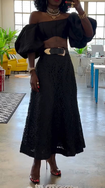 Ladies Strapless Big Sleeved Top+ Printed Hollow Skirt Elegant Casual Set - MYSTERYBOXS