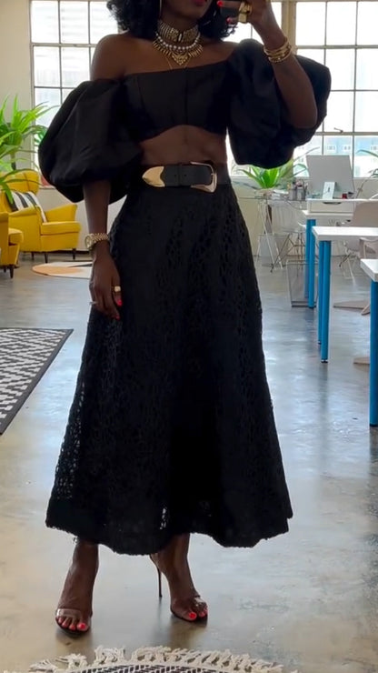 Ladies Strapless Big Sleeved Top+ Printed Hollow Skirt Elegant Casual Set - MYSTERYBOXS