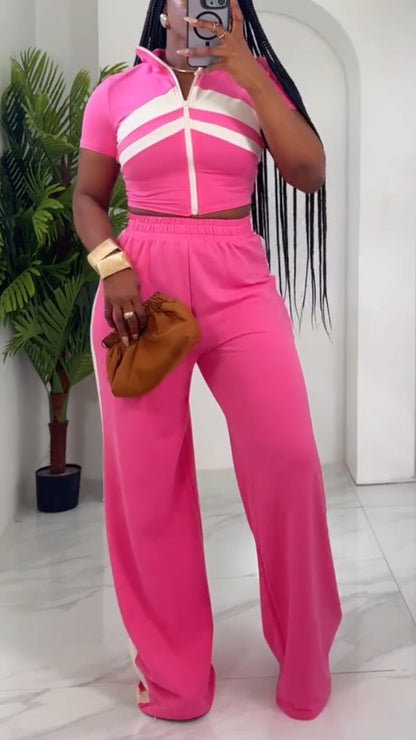 Ladies Collar Striped Zipper Top+ Pants Casual Set - MYSTERYBOXS