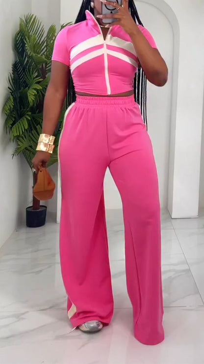 Ladies Collar Striped Zipper Top+ Pants Casual Set - MYSTERYBOXS