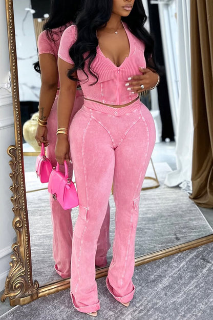Ladies V-neck Zipper Top and Pants Slim Fit Casual Set - MYSTERYBOXS