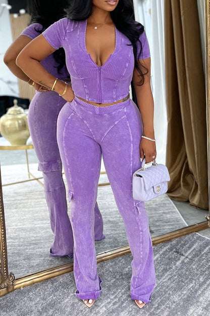 Ladies V-neck Zipper Top and Pants Slim Fit Casual Set - MYSTERYBOXS