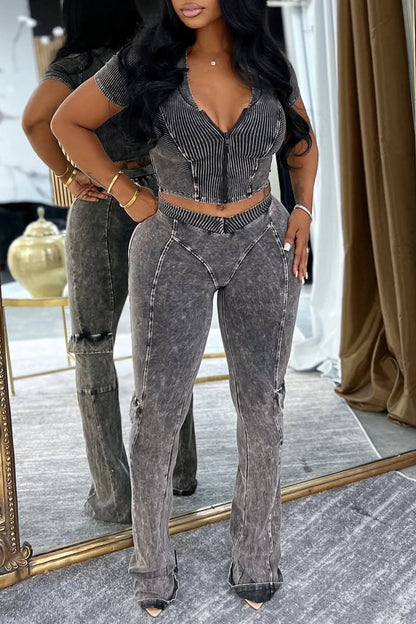 Ladies V-neck Zipper Top and Pants Slim Fit Casual Set - MYSTERYBOXS