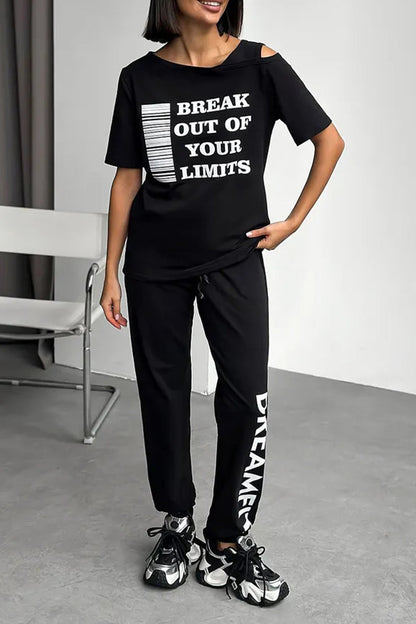 Ladies Round Neck Printed Letter Top+ Pants Casual Set - MYSTERYBOXS