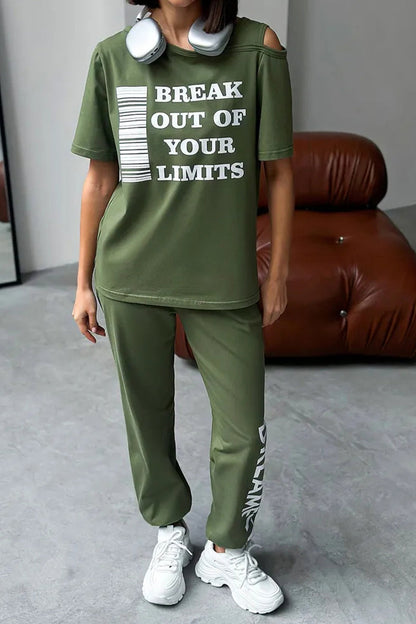 Ladies Round Neck Printed Letter Top+ Pants Casual Set - MYSTERYBOXS