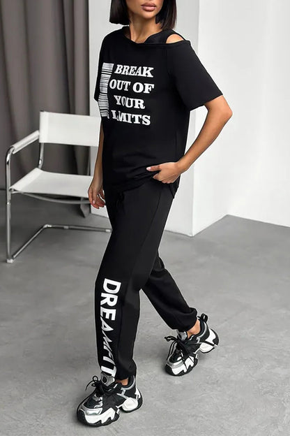 Ladies Round Neck Printed Letter Top+ Pants Casual Set - MYSTERYBOXS