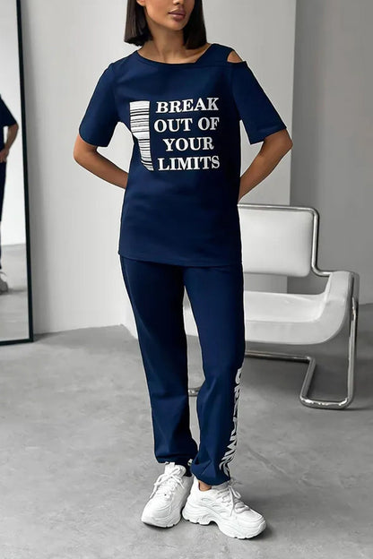 Ladies Round Neck Printed Letter Top+ Pants Casual Set - MYSTERYBOXS