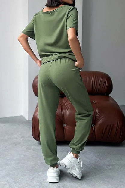 Ladies Round Neck Printed Letter Top+ Pants Casual Set - MYSTERYBOXS