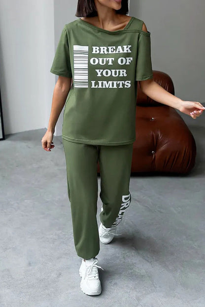Ladies Round Neck Printed Letter Top+ Pants Casual Set - MYSTERYBOXS