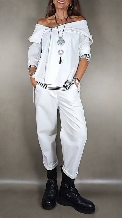 Women Collar Zipper Tops+ Pants Casual Set - MYSTERYBOXS