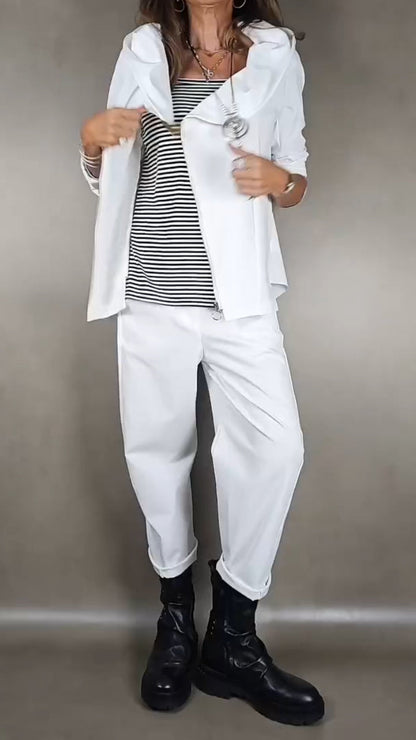 Women Collar Zipper Tops+ Pants Casual Set - MYSTERYBOXS