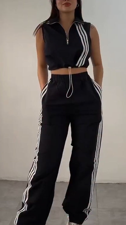 Women Collar Vertical Zipper Top+ Pants Casual Set - MYSTERYBOXS