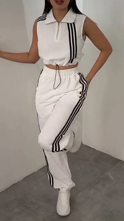 Women Collar Vertical Zipper Top+ Pants Casual Set - MYSTERYBOXS