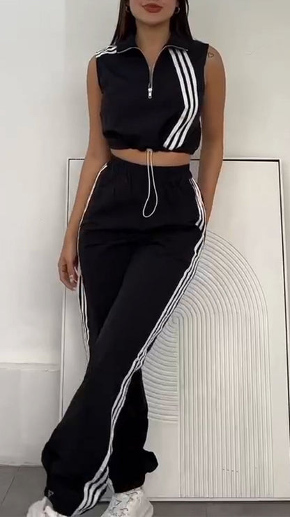 Women Collar Vertical Zipper Top+ Pants Casual Set - MYSTERYBOXS