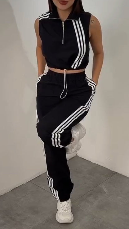 Women Collar Vertical Zipper Top+ Pants Casual Set - MYSTERYBOXS