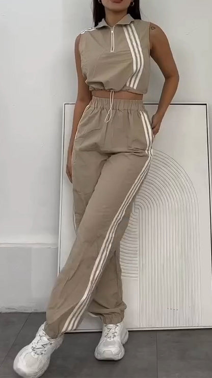 Women Collar Vertical Zipper Top+ Pants Casual Set - MYSTERYBOXS