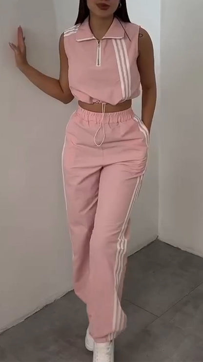 Women Collar Vertical Zipper Top+ Pants Casual Set - MYSTERYBOXS