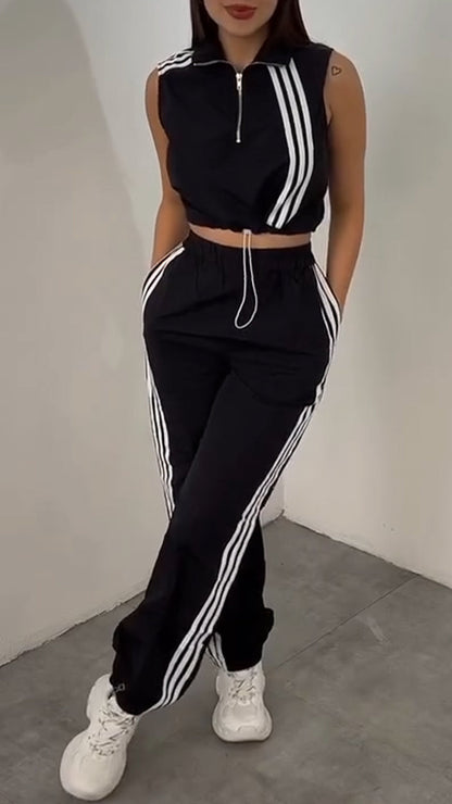 Women Collar Vertical Zipper Top+ Pants Casual Set - MYSTERYBOXS