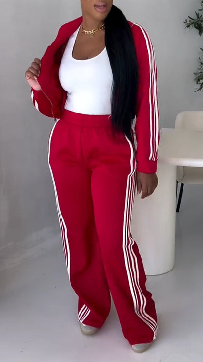 Women Collar Zipper Vertical Stripe Cardigan+ Pants Casual Set - MYSTERYBOXS