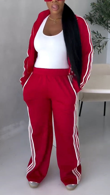 Women Collar Zipper Vertical Stripe Cardigan+ Pants Casual Set - MYSTERYBOXS