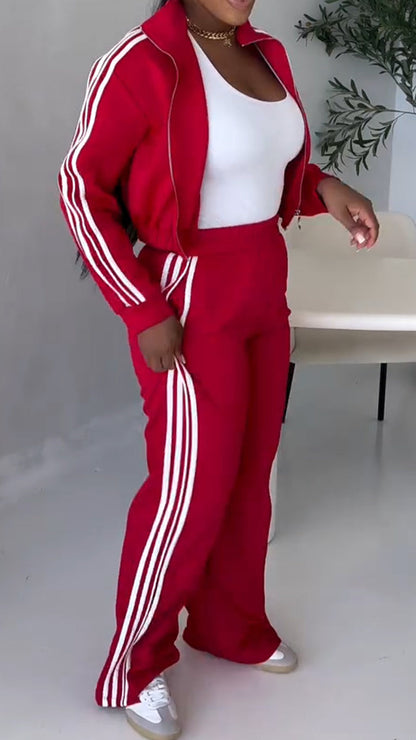 Women Collar Zipper Vertical Stripe Cardigan+ Pants Casual Set - MYSTERYBOXS