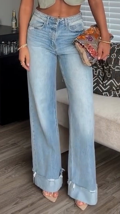 Ladies Collar Irregular Top+ Wash Pants Casual Set - MYSTERYBOXS