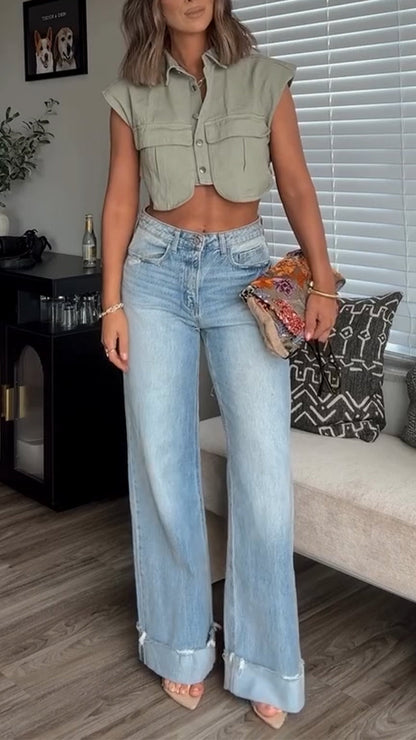 Ladies Collar Irregular Top+ Wash Pants Casual Set - MYSTERYBOXS