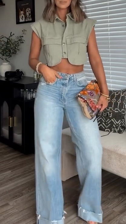 Ladies Collar Irregular Top+ Wash Pants Casual Set - MYSTERYBOXS
