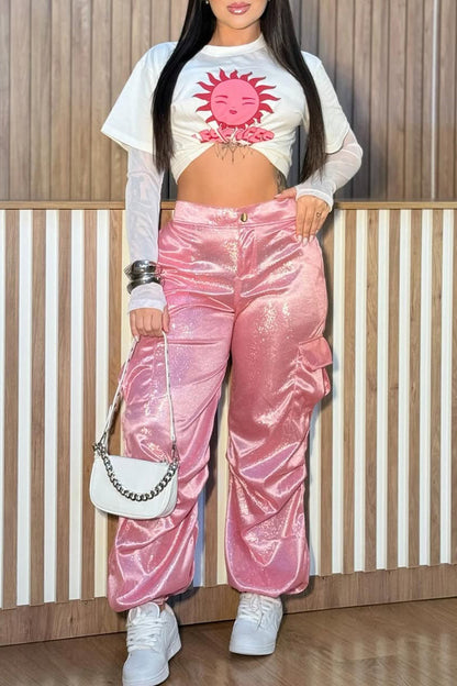 Ladies Round Neck Printed Top and Pants Casual Set - MYSTERYBOXS