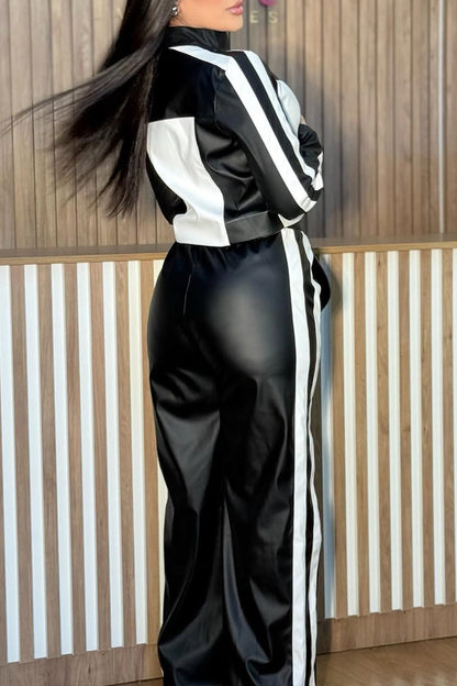 Ladies Collar Zipper Leather Contrasting Jacket+ Pants Temperament Casual Set - MYSTERYBOXS