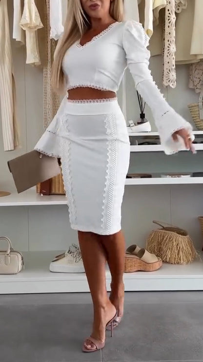 Ladies Round Neck Patchwork Top+ Skirt Elegant Temperament Set - MYSTERYBOXS