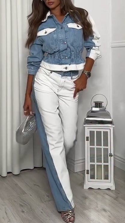 Ladies Collar and Buckle Splicing Top+ Pants with A Casual Temperament Suit - MYSTERYBOXS