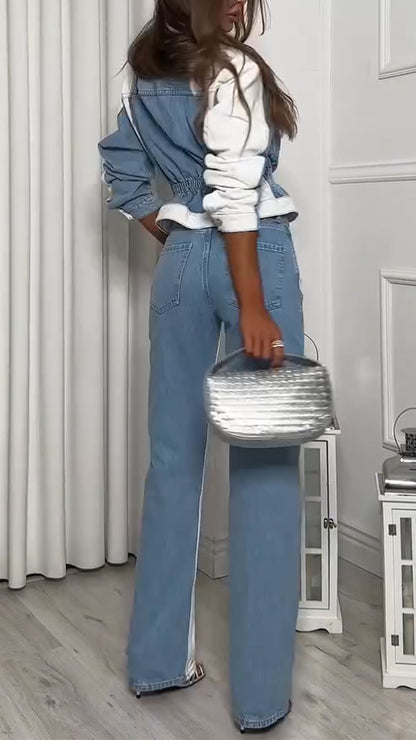 Ladies Collar and Buckle Splicing Top+ Pants with A Casual Temperament Suit - MYSTERYBOXS