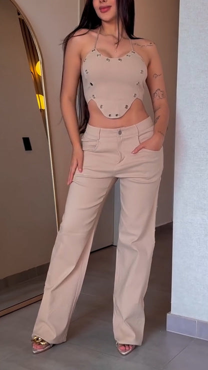 Ladies Neck Hanging Irregular Top+ Hollowed Out Pants with A Casual Temperament Suit - MYSTERYBOXS