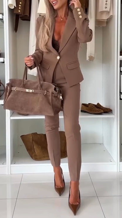 Women Collar Jacket+ Pants Solid Color Temperament Casual Suit - MYSTERYBOXS