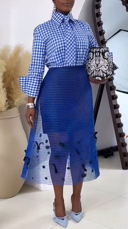 Ladies Collar Plaid Shirt+ See Through Skirt Casual Set - MYSTERYBOXS