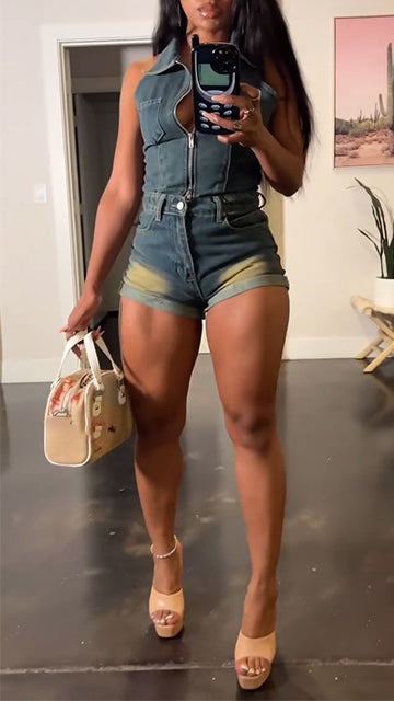Women Collar Zipper Top+ Shorts Casual Set - MYSTERYBOXS