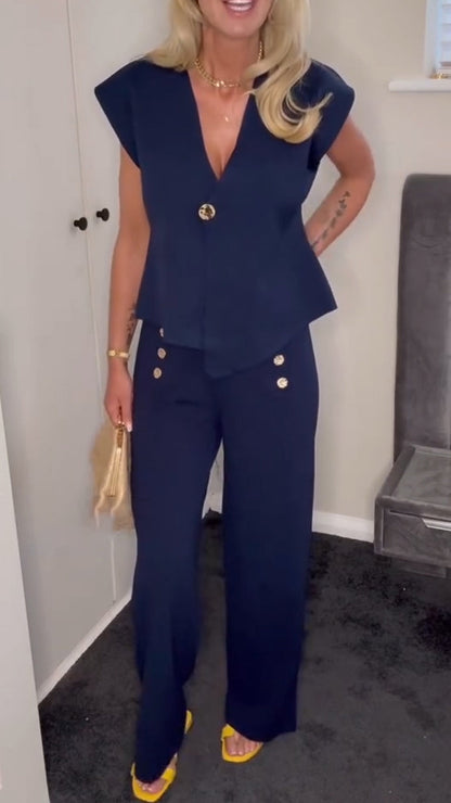Ladies V-neck Irregular Top+ Pants with A Casual Temperament Suit - MYSTERYBOXS