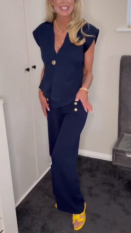 Ladies V-neck Irregular Top+ Pants with A Casual Temperament Suit - MYSTERYBOXS