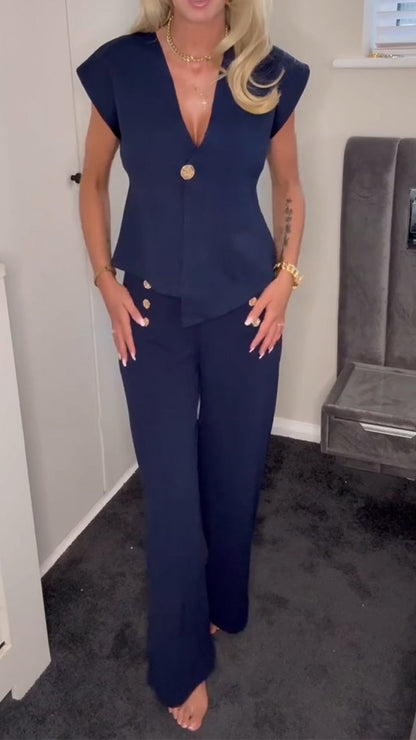 Ladies V-neck Irregular Top+ Pants with A Casual Temperament Suit - MYSTERYBOXS
