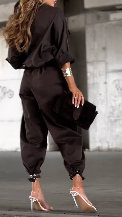 Women Lapel Shirt + Pants Solid Color Casual Suit - MYSTERYBOXS
