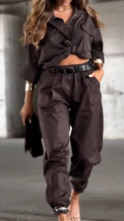Women Lapel Shirt + Pants Solid Color Casual Suit - MYSTERYBOXS